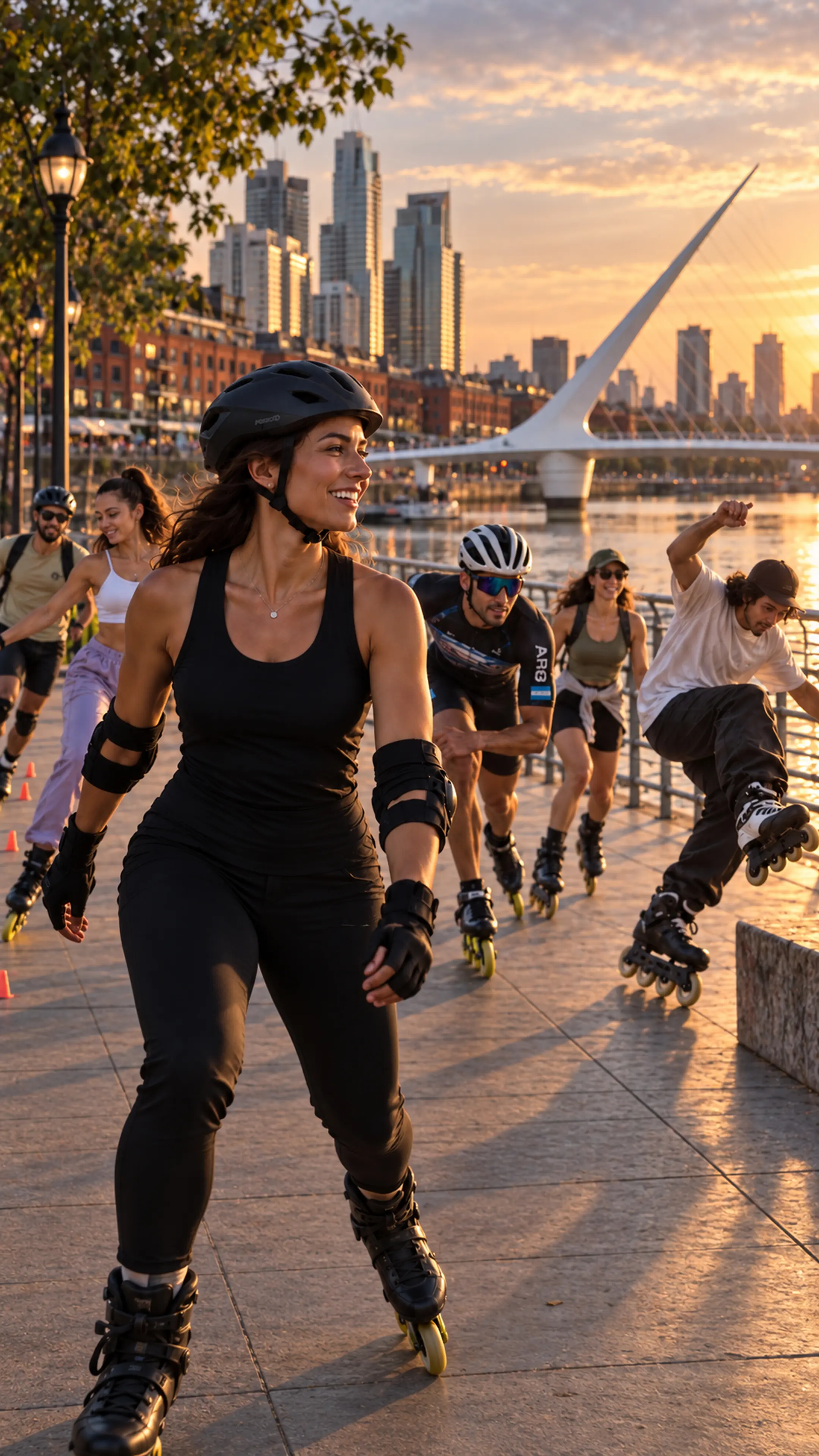 Patinadores de distintos estilos junto al Puente de la Mujer, en Puerto Madero. Imagen de la comunidad Rollers Global.